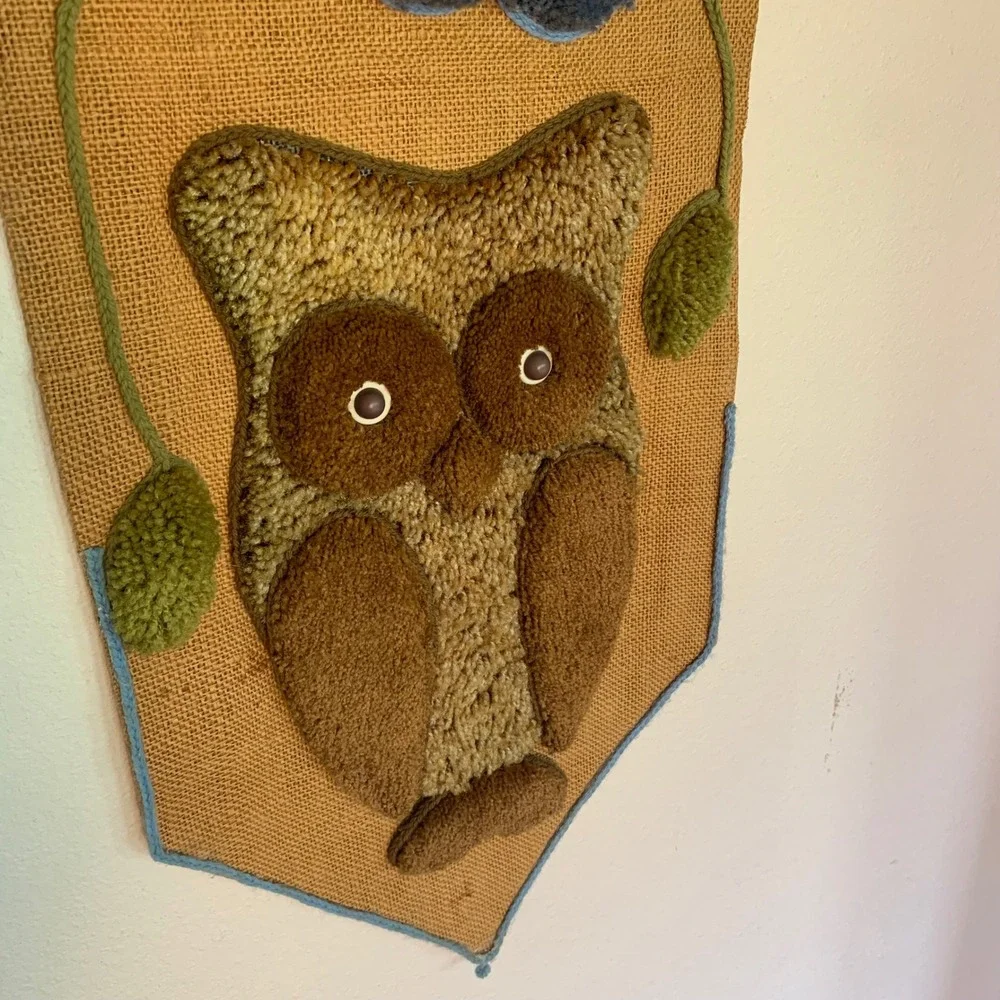 Owl Wall Hanging Vintage Punch‎ Needle Tufted Yarn Burlap Boho 70s Art 42x13